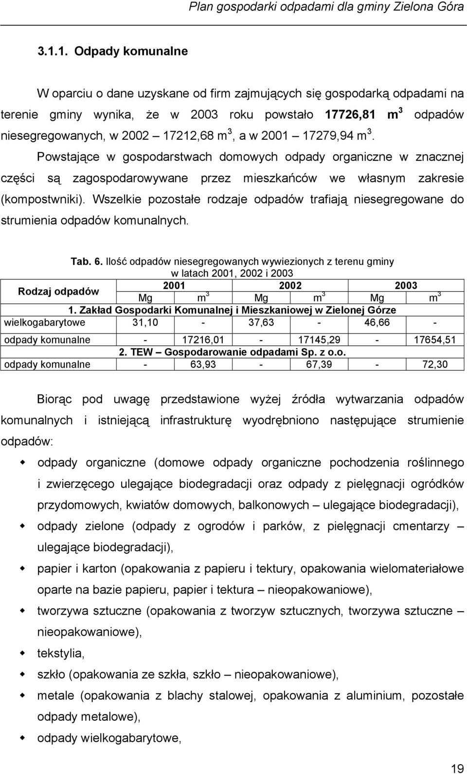 Wszelkie pozostałe rodzaje odpadów trafiają niesegregowane do strumienia odpadów komunalnych. Tab. 6.
