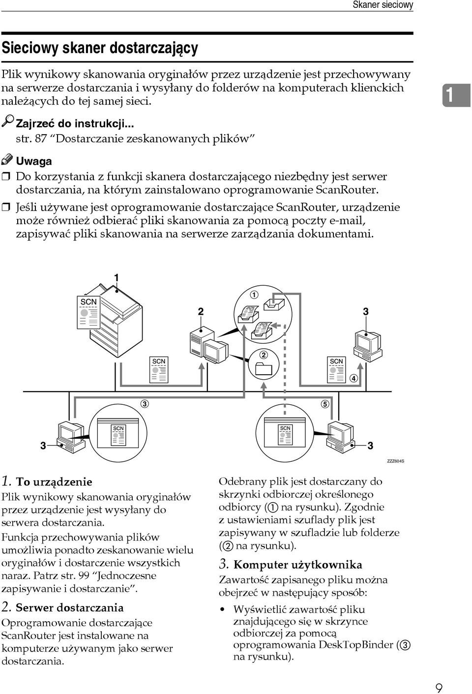 87 Dostarczanie zeskanowanych plików Do korzystania z funkcji skanera dostarczajàcego niezbêdny jest serwer dostarczania, na którym zainstalowano oprogramowanie ScanRouter.