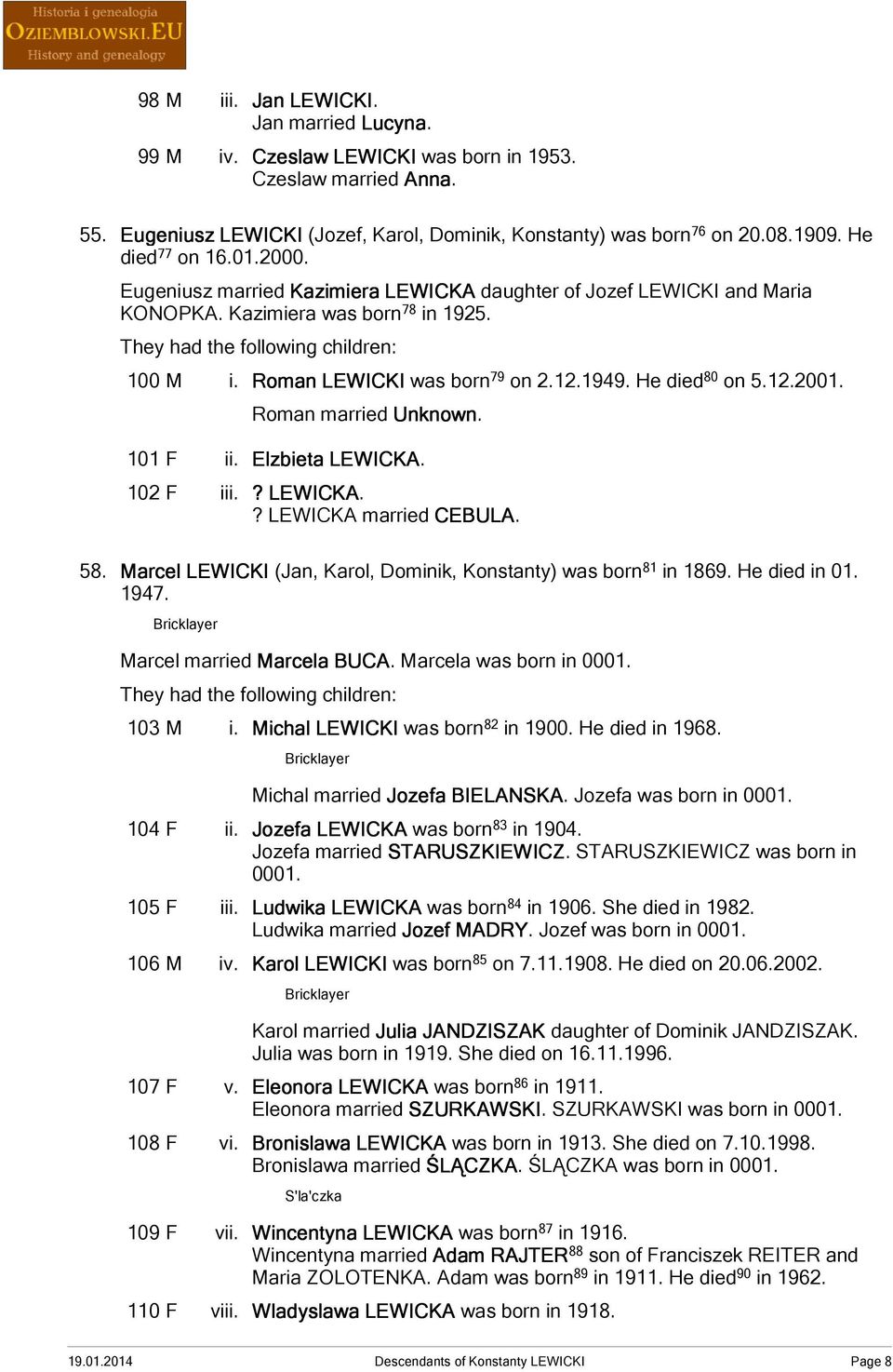 He died 80 on 5.12.2001. Roman married Unknown. 101 F ii. Elzbieta LEWICKA. 102 F iii.? LEWICKA.? LEWICKA married CEBULA. 58. Marcel LEWICKI (Jan, Karol, Dominik, Konstanty) was born 81 in 1869.