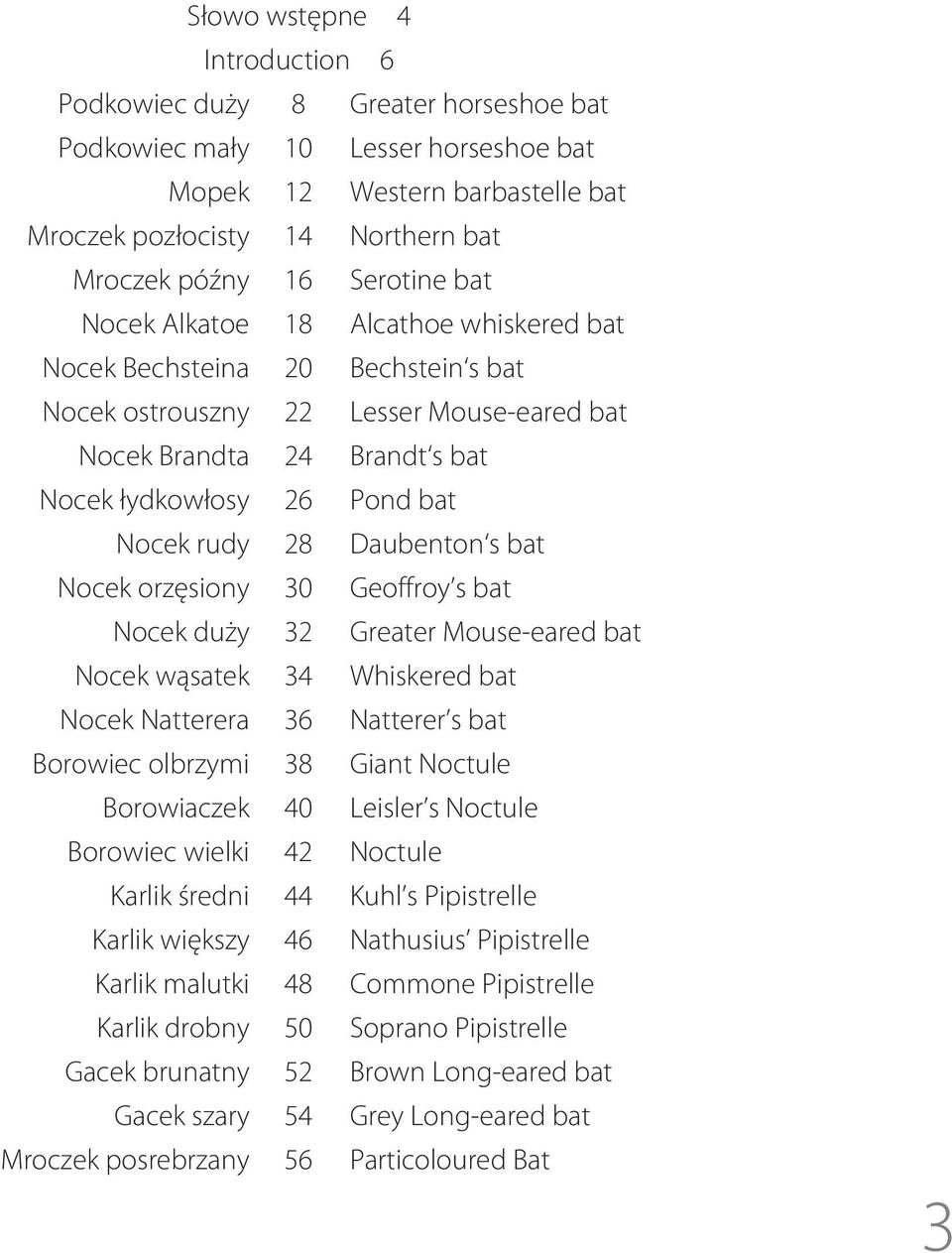 rudy 28 Daubenton s bat Nocek orzęsiony 30 Geoffroy s bat Nocek duży 32 Greater Mouse-eared bat Nocek wąsatek 34 Whiskered bat Nocek Natterera 36 Natterer s bat Borowiec olbrzymi 38 Giant Noctule