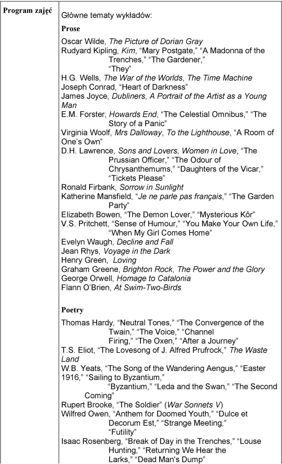 wards End, The Celestial Omnibus, The Story of a Panic Virginia Woolf, Mrs Dalloway, To the Lighthouse, A Room of One s Own D.H.