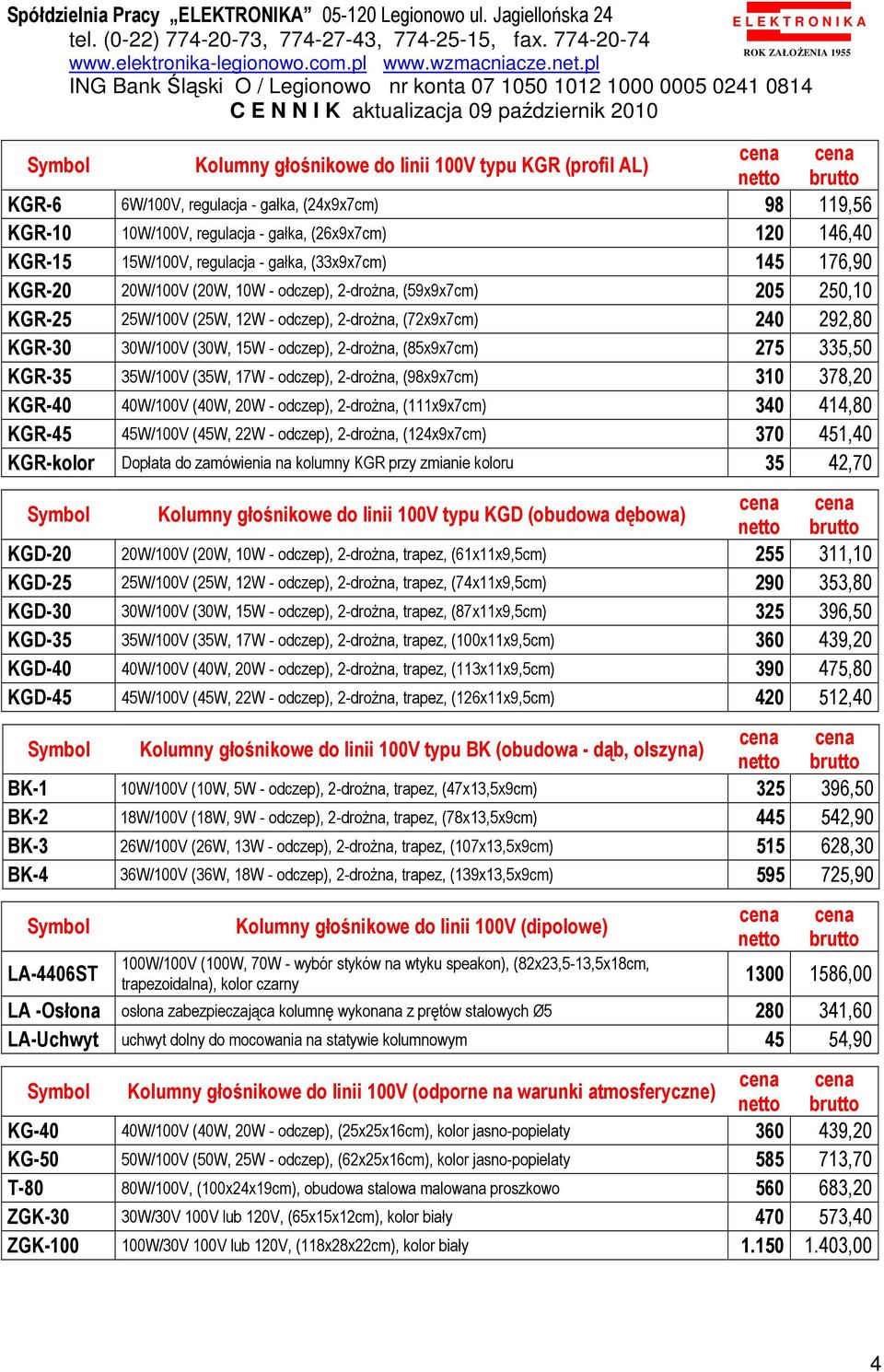 odczep), 2-droŜna, (85x9x7cm) 275 335,50 KGR-35 35W/100V (35W, 17W - odczep), 2-droŜna, (98x9x7cm) 310 378,20 KGR-40 40W/100V (40W, 20W - odczep), 2-droŜna, (111x9x7cm) 340 414,80 KGR-45 45W/100V