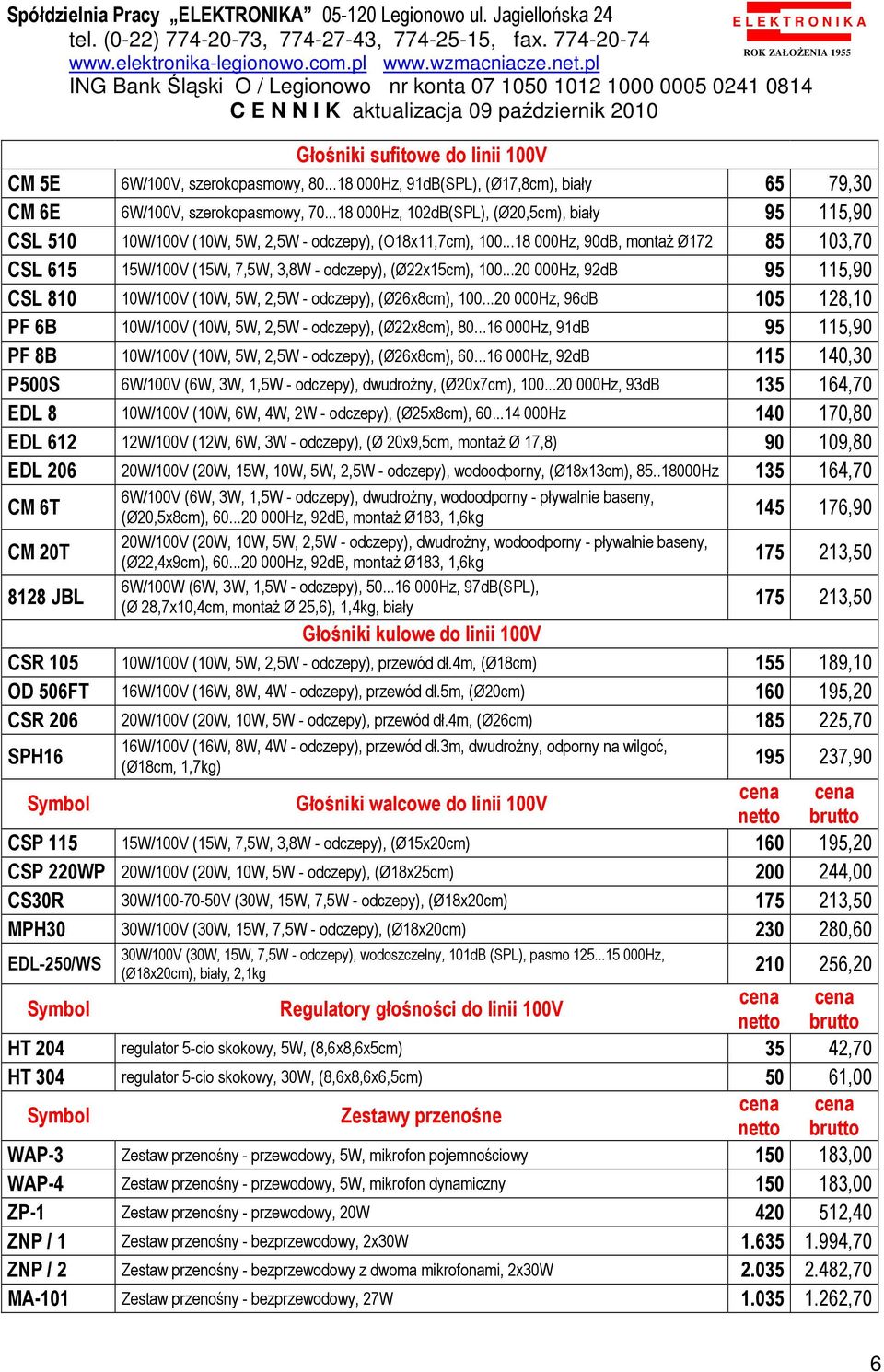 ..18 000Hz, 90dB, montaŝ Ø172 85 103,70 CSL 615 15W/100V (15W, 7,5W, 3,8W - odczepy), (Ø22x15cm), 100...20 000Hz, 92dB 95 115,90 CSL 810 10W/100V (10W, 5W, 2,5W - odczepy), (Ø26x8cm), 100.