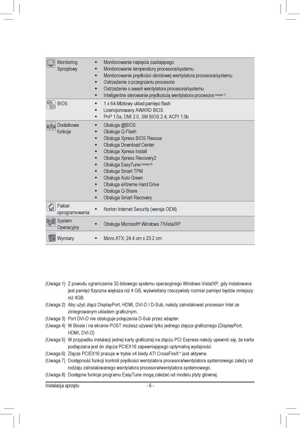 układ pamięci flash Licencjonowany AWARD BIOS PnP.0a, DMI 2.0, SM BIOS 2.4, ACPI.