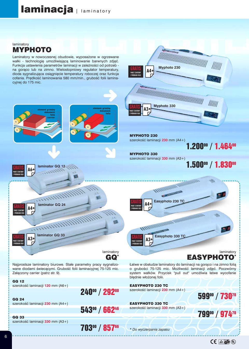 Wielostopniowy regulator temperatury, dioda sygnalizująca osiągnięcie temperatury roboczej oraz funkcja cofania. Prędkość laminowania 5 mm/min., grubość folii laminacyjnej do mic.