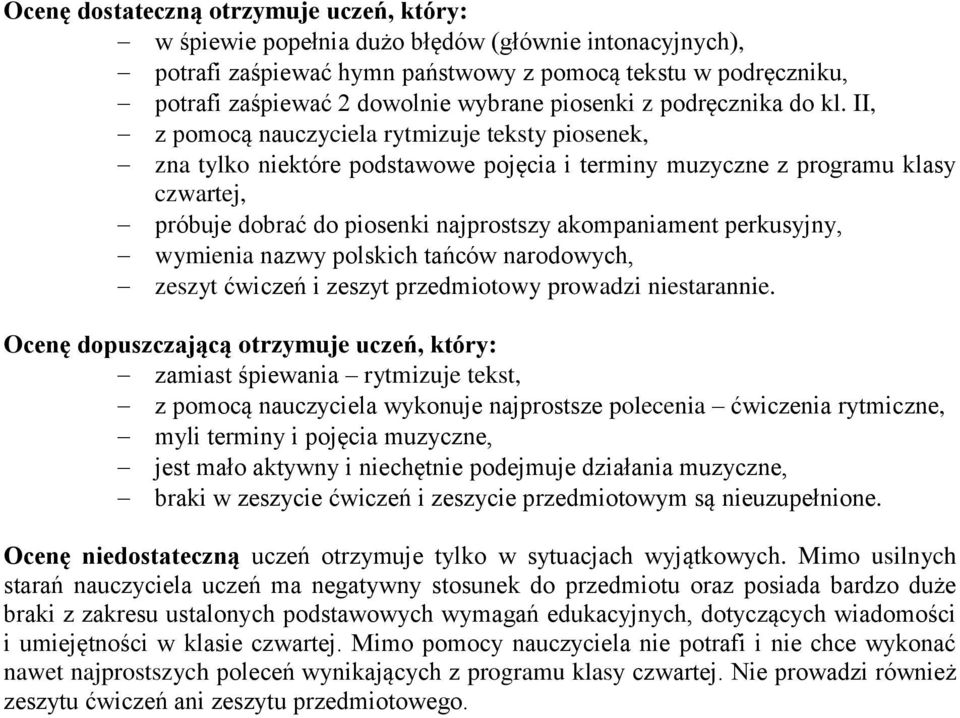 II, z pomocą nauczyciela rytmizuje teksty piosenek, zna tylko niektóre podstawowe pojęcia i terminy muzyczne z programu klasy czwartej, próbuje dobrać do piosenki najprostszy akompaniament