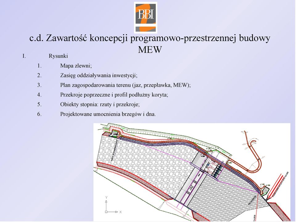 Plan zagospodarowania terenu (jaz, przepławka, MEW); 4.