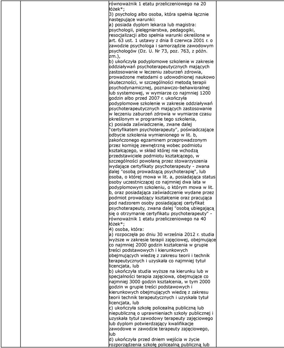 ), b) ukończyła podyplomowe szkolenie w zakresie oddziaływań psychoterapeutycznych mających zastosowanie w leczeniu zaburzeń zdrowia, prowadzone metodami o udowodnionej naukowo skuteczności, w