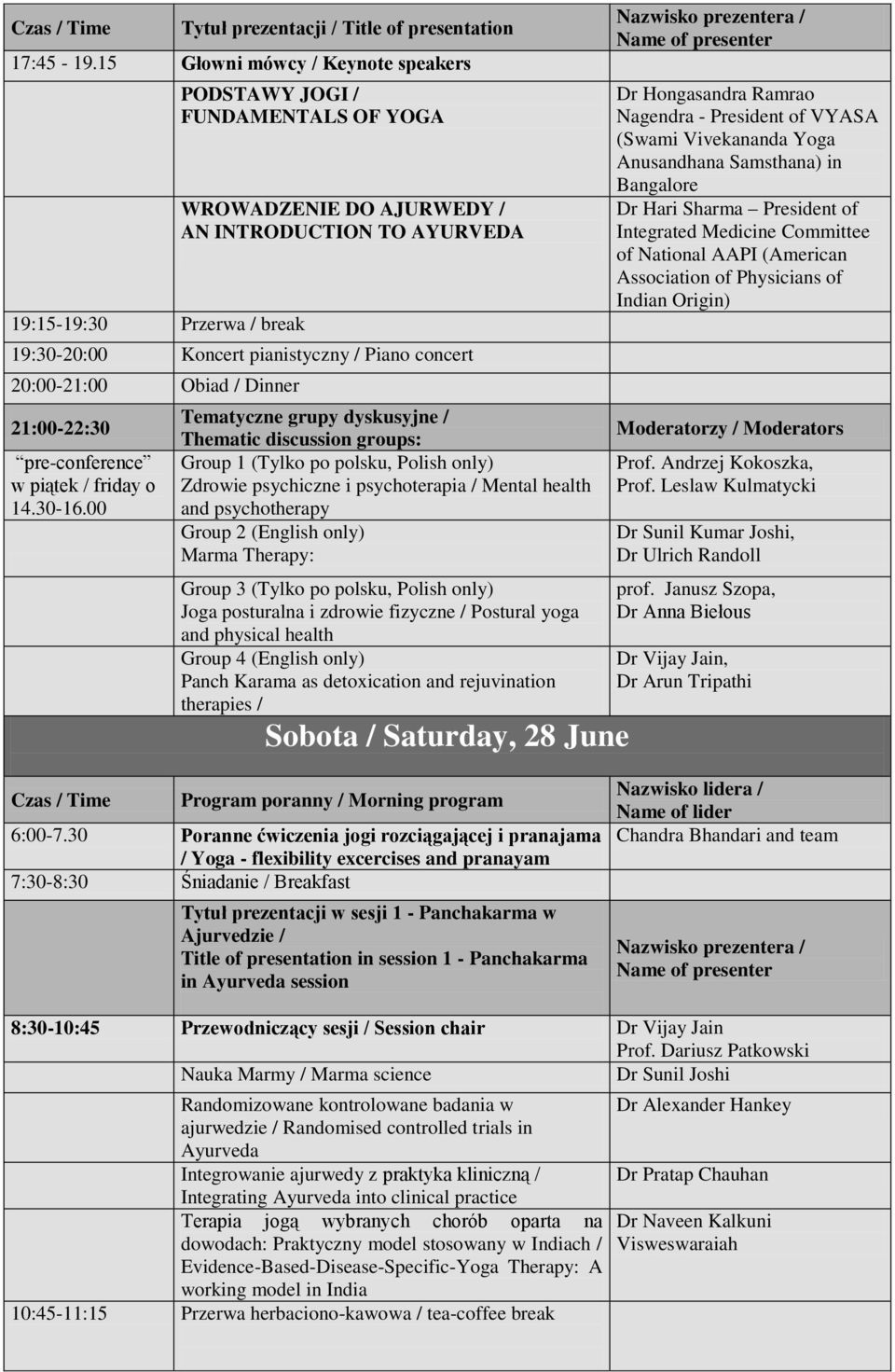 concert 20:00-21:00 Obiad / Dinner 21:00-22:30 pre-conference w piątek / friday o 14.30-16.
