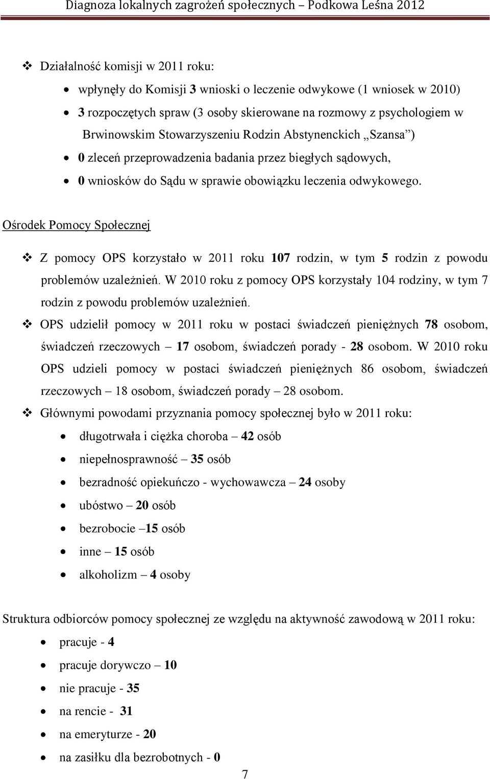 Ośrodek Pomocy Społecznej Z pomocy OPS korzystało w 2011 roku 107 rodzin, w tym 5 rodzin z powodu problemów uzależnień.