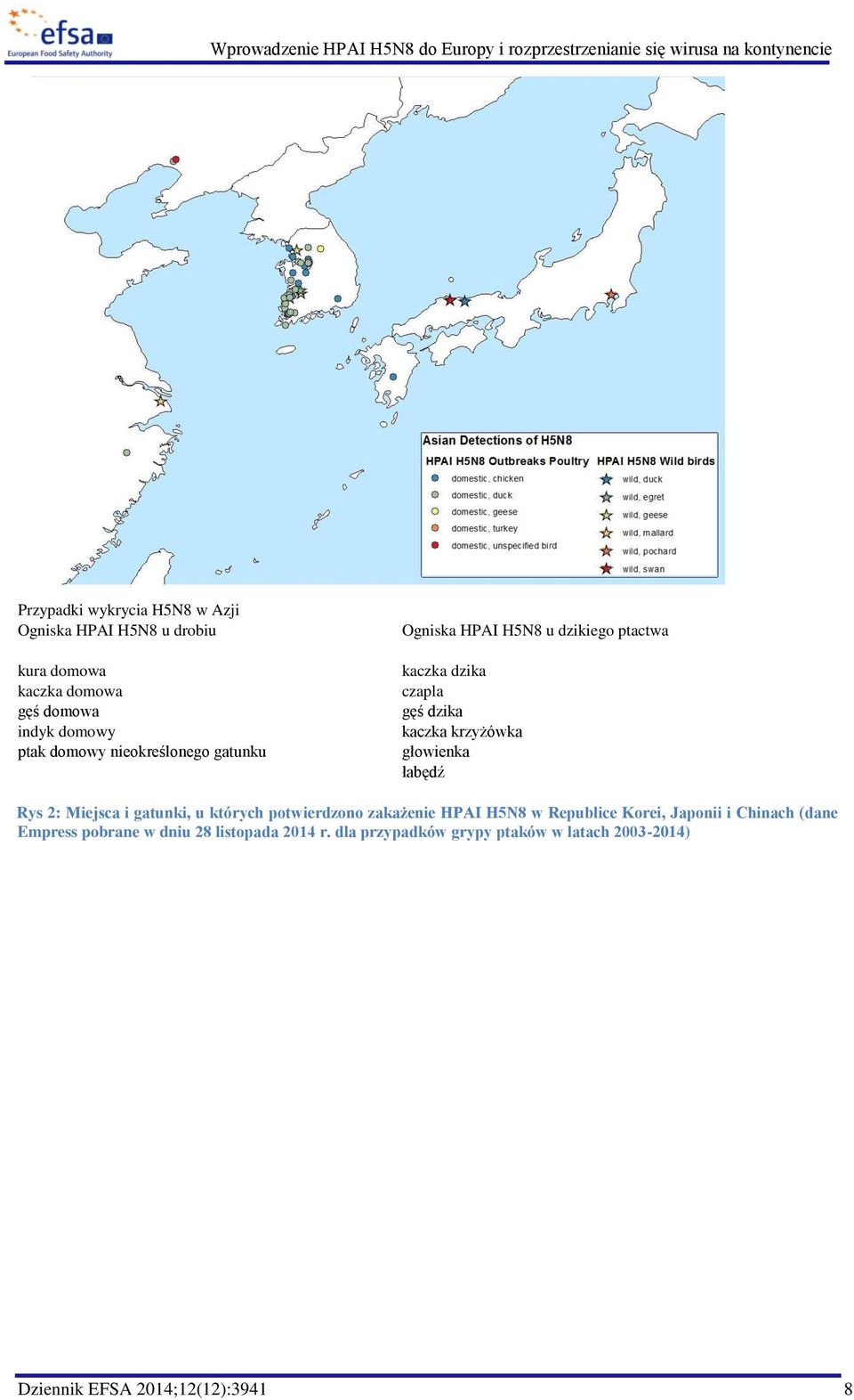 łabędź Rys 2: Miejsca i gatunki, u których potwierdzono zakażenie HPAI H5N8 w Republice Korei, Japonii i Chinach (dane