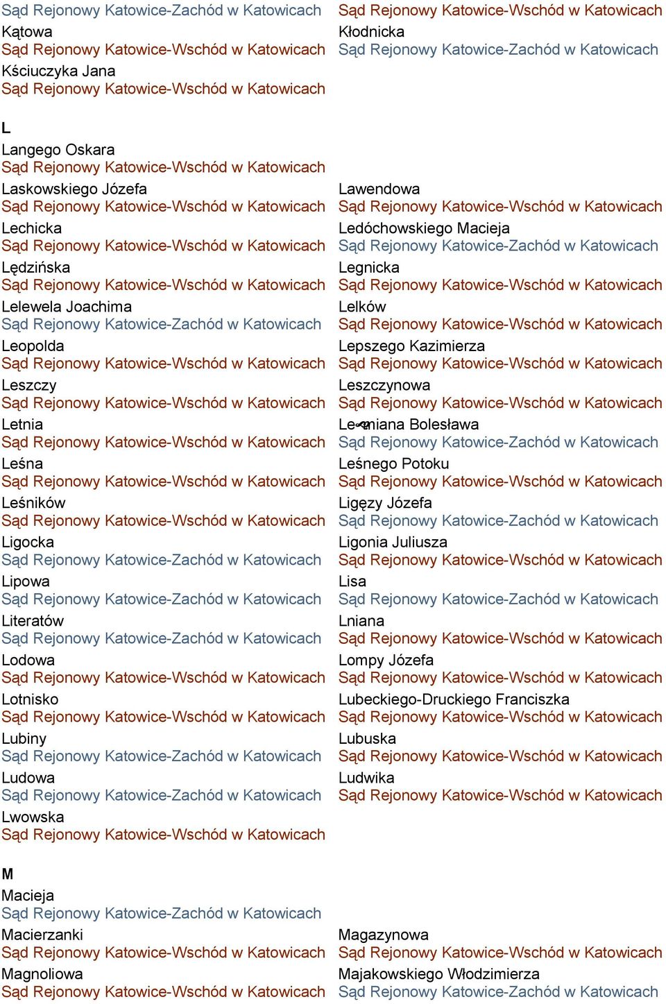 Legnicka Lelków Lepszego Kazimierza Leszczynowa Lemiana Bolesława Leśnego Potoku Ligęzy Józefa Ligonia Juliusza Lisa Lniana