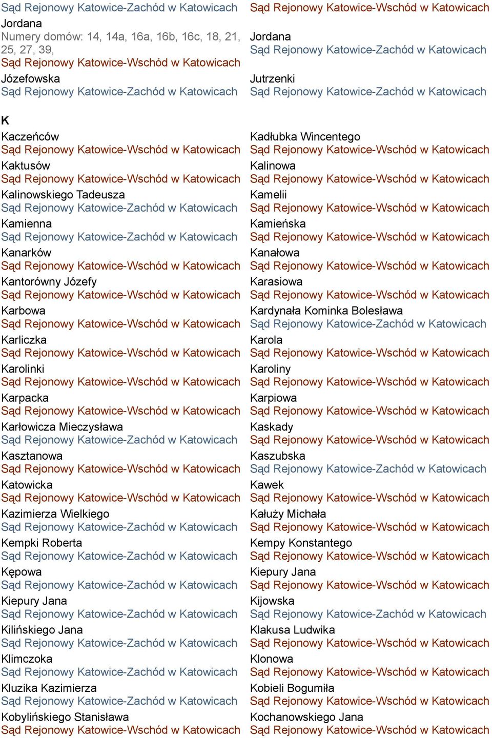 Kilińskiego Jana Klimczoka Kluzika Kazimierza Kobylińskiego Stanisława Kadłubka Wincentego Kalinowa Kamelii Kamieńska Kanałowa Karasiowa Kardynała Kominka