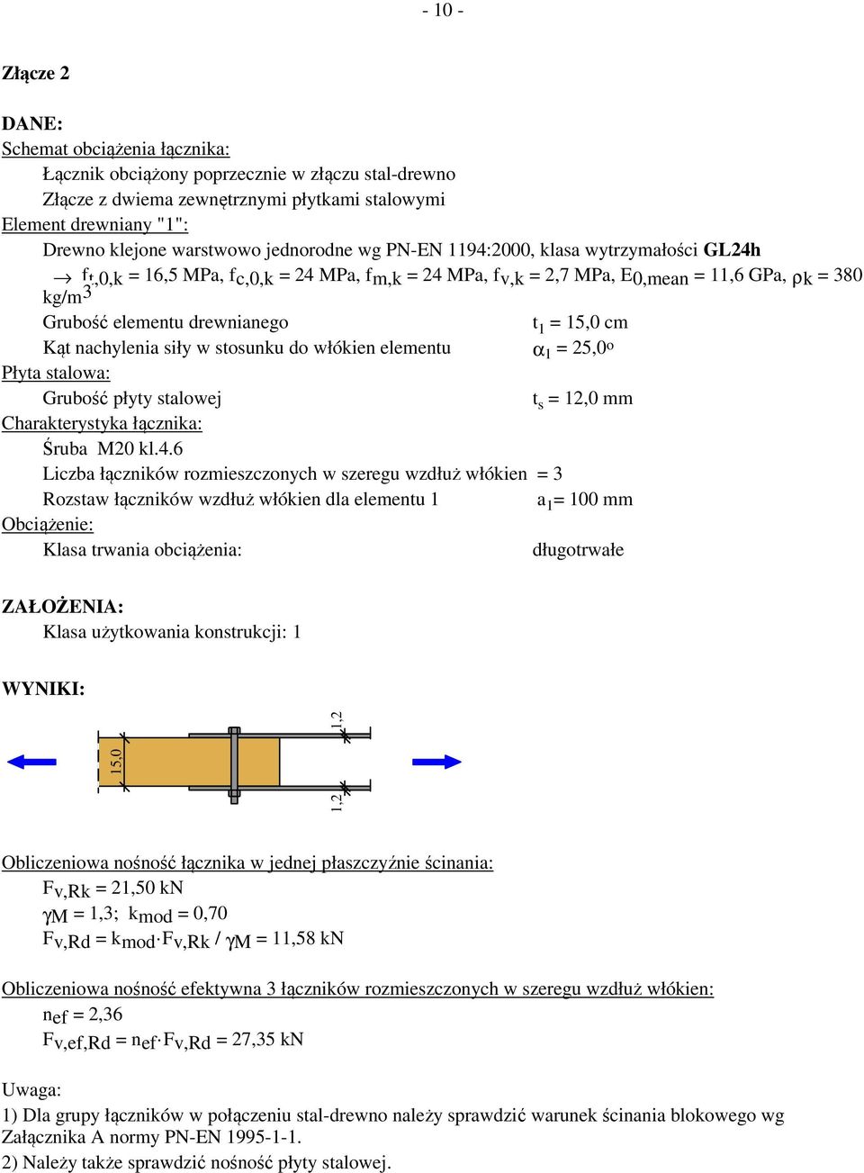 stosunku do włókien elementu α 1 = 25,0 o Płta stalowa: Grubość płt stalowej t s = 12,0 mm Charakterstka łącnika: Śruba M20 kl.4.