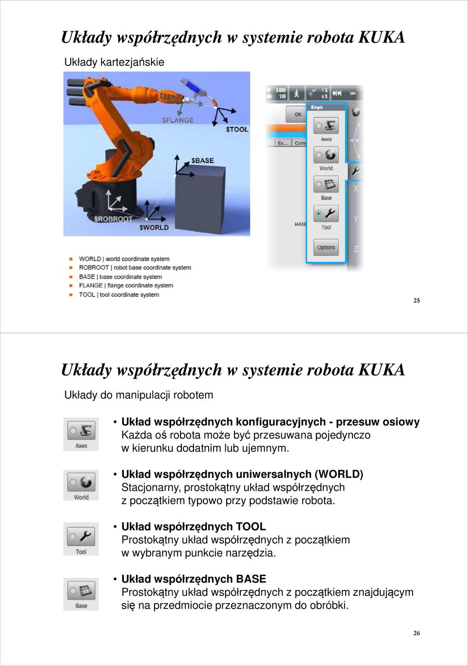 Układ współrzędnych uniwersalnych (WORLD) Stacjonarny, prostokątny układ współrzędnych z początkiem typowo przy podstawie robota.