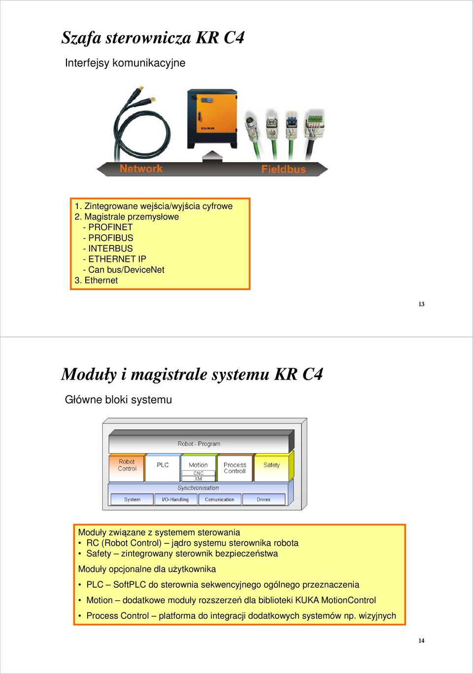 Ethernet 13 Moduły i magistrale systemu KR C4 Główne bloki systemu Moduły związane z systemem sterowania RC (Robot Control) jądro systemu sterownika robota