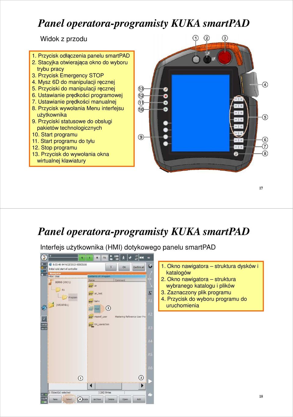 Przyciski statusowe do obsługi pakietów technologicznych 10. Start programu 11. Start programu do tyłu 12. Stop programu 13.