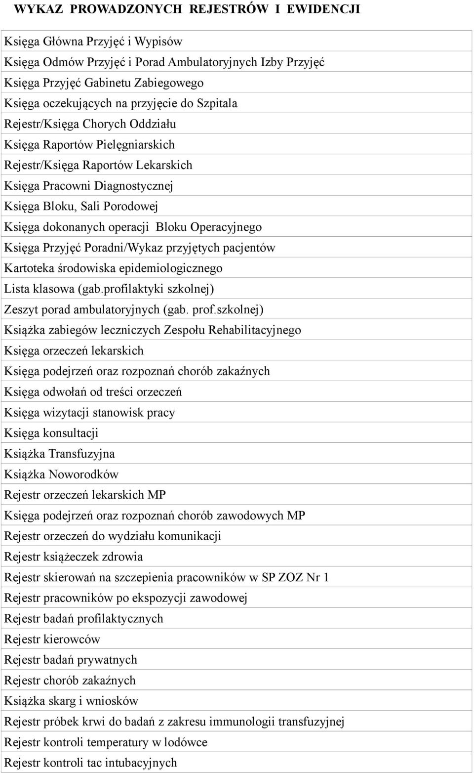 Bloku Operacyjnego Księga Przyjęć Poradni/Wykaz przyjętych pacjentów Kartoteka środowiska epidemiologicznego Lista klasowa (gab.profilaktyki szkolnej) Zeszyt porad ambulatoryjnych (gab. prof.