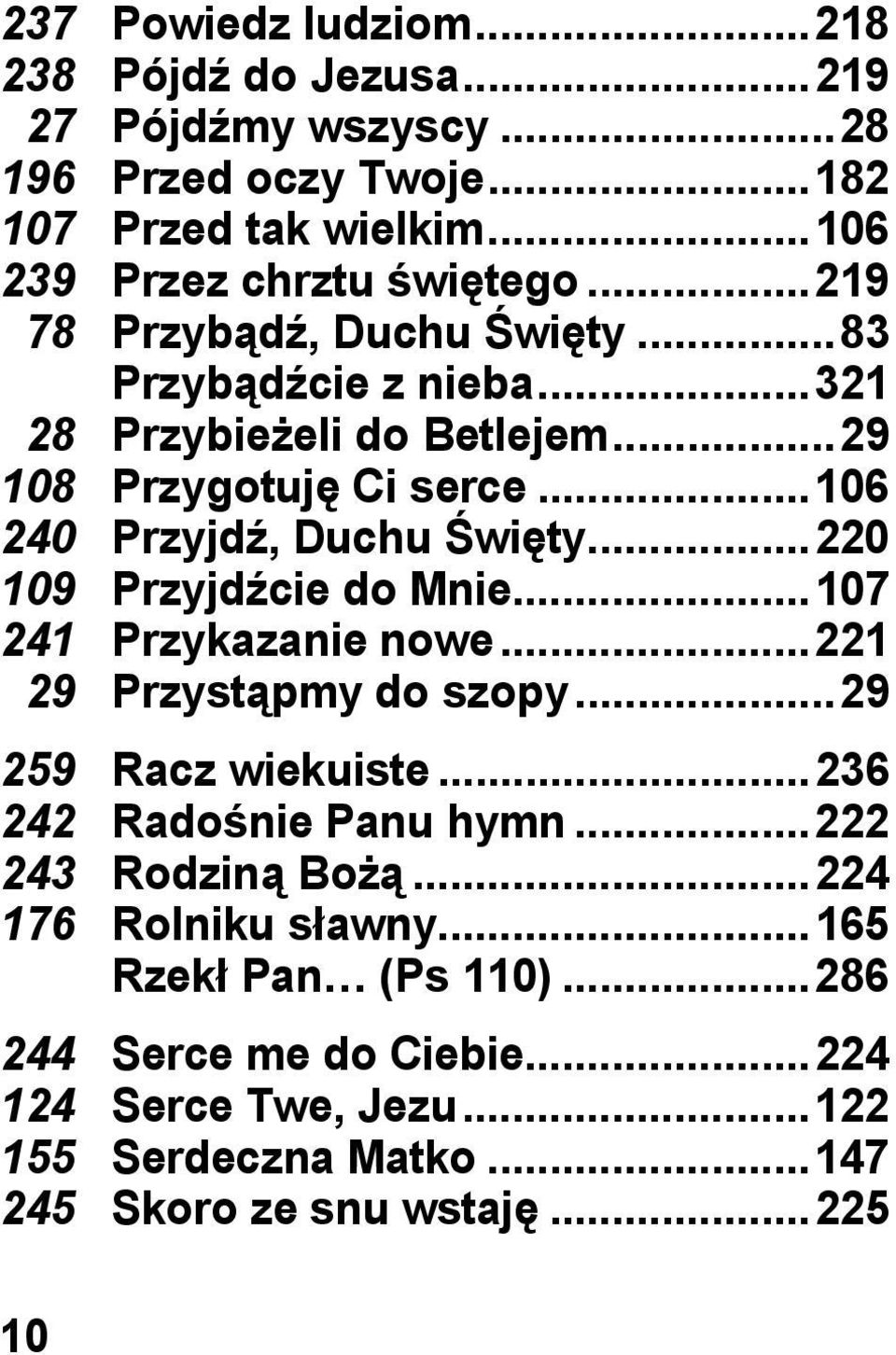 .. 220 109 Przyjdźcie do Mnie... 107 241 Przykazanie nowe... 221 29 Przystąpmy do szopy... 29 259 Racz wiekuiste... 236 242 Radośnie Panu hymn... 222 243 Rodziną Bożą.