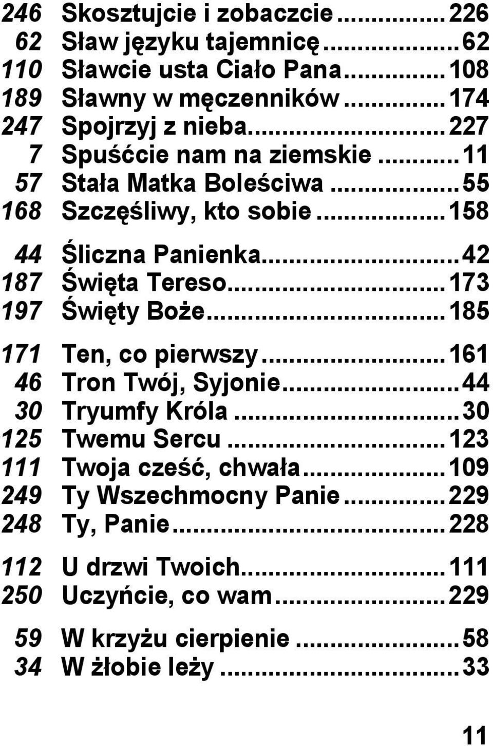 .. 173 197 Święty Boże... 185 171 Ten, co pierwszy... 161 46 Tron Twój, Syjonie... 44 30 Tryumfy Króla... 30 125 Twemu Sercu... 123 111 Twoja cześć, chwała.