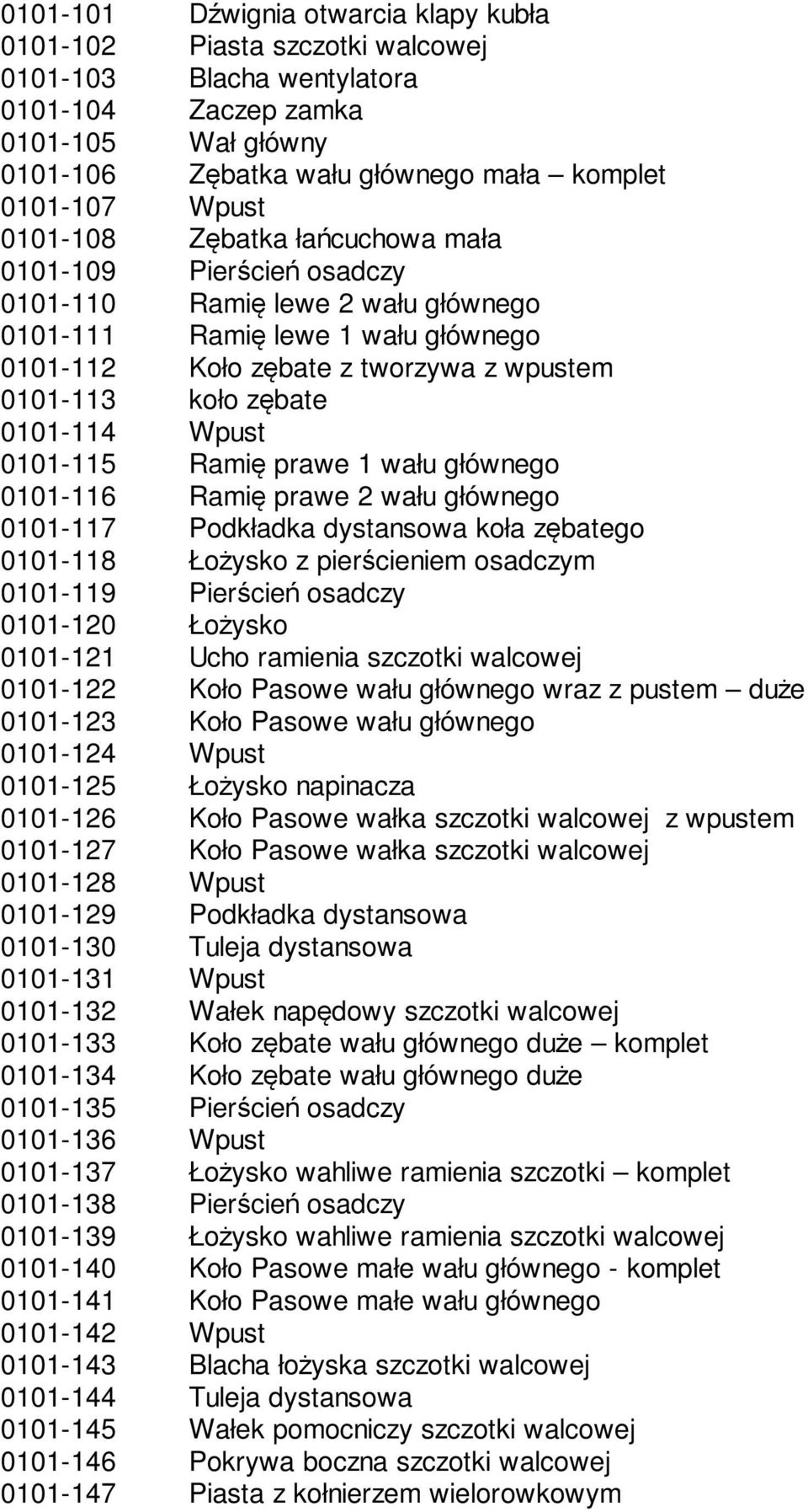 zębate 0101-114 Wpust 0101-115 Ramię prawe 1 wału głównego 0101-116 Ramię prawe 2 wału głównego 0101-117 Podkładka dystansowa koła zębatego 0101-118 Łożysko z pierścieniem osadczym 0101-119 Pierścień