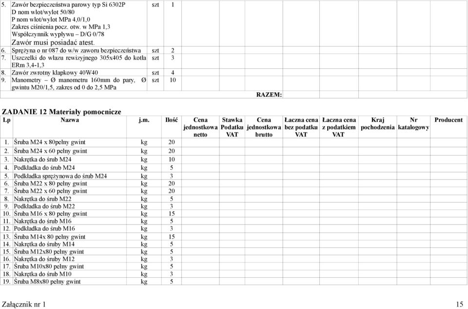 Manometry Ø manometru 160mm do pary, Ø gwintu M20/1,5, zakres od 0 do 2,5 MPa szt 10 ZADANIE 12 Materiały pomocnicze Lp Nazwa j.m. Ilość 1. Śruba M24 x 80pełny gwint kg 20 2.