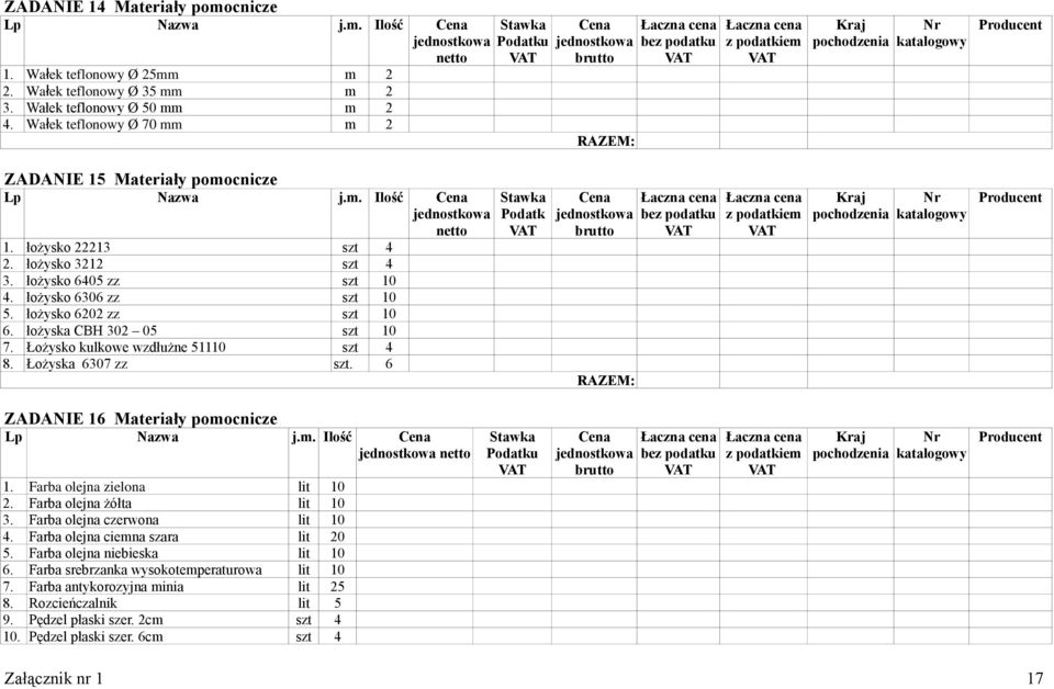 łożysko 6202 zz szt 10 6. łożyska CBH 302 05 szt 10 7. Łożysko kulkowe wzdłużne 51110 szt 4 8. Łożyska 6307 zz szt. 6 Podatku Podatk ZADANIE 16 Materiały pomocnicze Lp Nazwa j.m. Ilość 1.