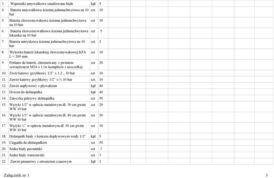 Perlator do baterii, chromowany z gwintem zewnętrznym M24 x 1 (w komplecie z uszczelką) szt. 10 szt 10 szt 5 szt. 2 szt 10 szt 20 10. Zwór katowy grzybkowy 1/2 x 1,2 10 bar szt 10 11.