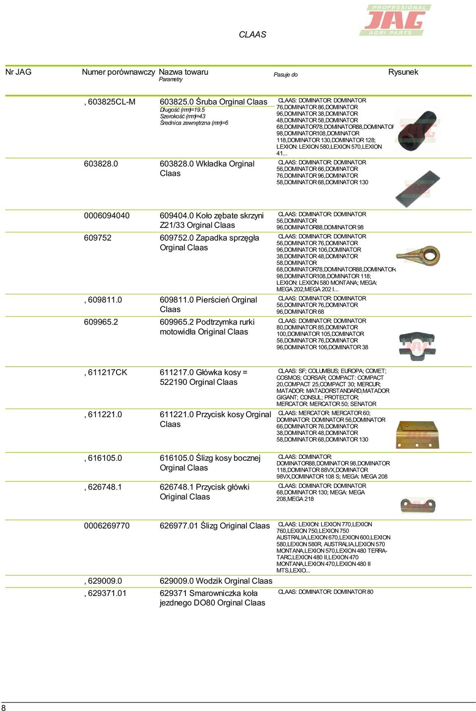 .. 56,DOMINATOR 66,DOMINATOR 76,DOMINATOR 96,DOMINATOR 58,DOMINATOR 68,DOMINATOR 130 0006094040 609404.0 Koło zębate skrzyni Z21/33 Orginal 609752 609752.0 Zapadka sprzęgła Orginal, 609811.0 609811.