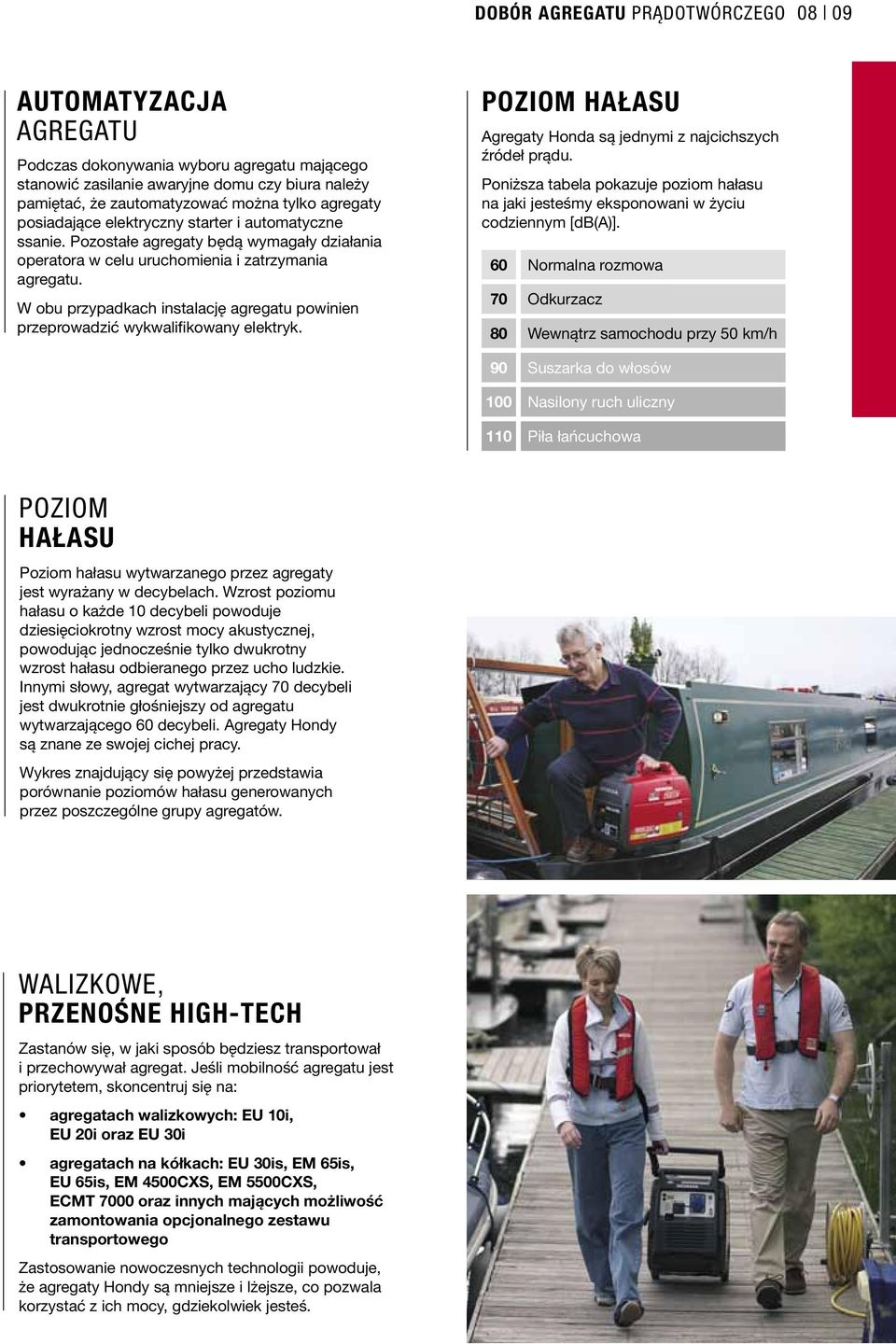 W obu przypadkach instalację agregatu powinien przeprowadzić wykwalifikowany elektryk. POZIOM HAŁASU Agregaty Honda są jednymi z najcichszych źródeł prądu.