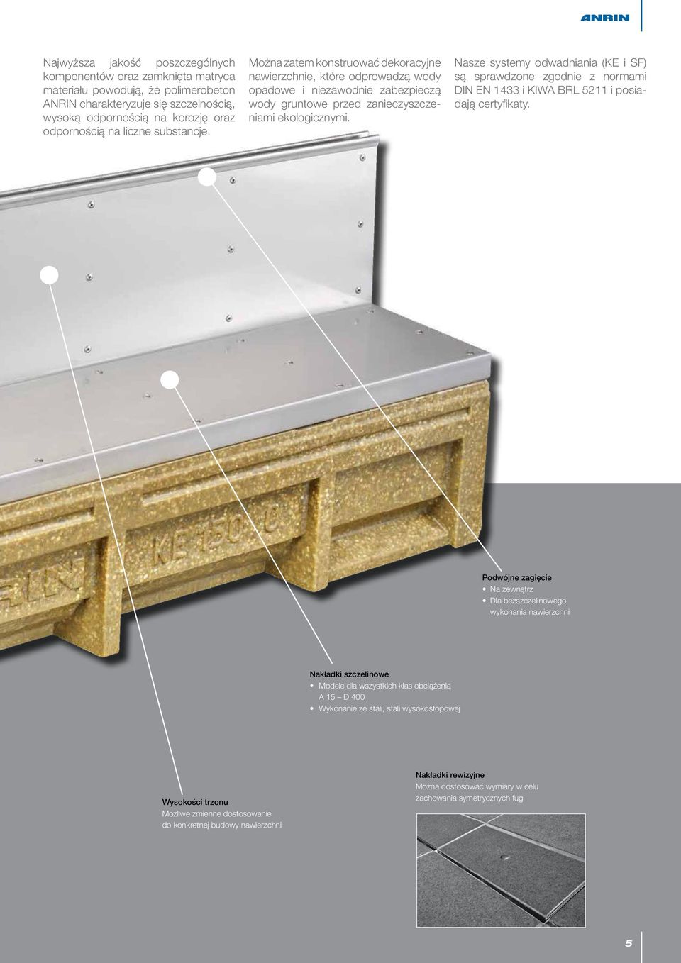 Nasze systemy odwadniania (KE i SF) są sprawdzone zgodnie z normami DIN EN 1433 i KIWA BRL 5211 i posiadają certyfikaty.