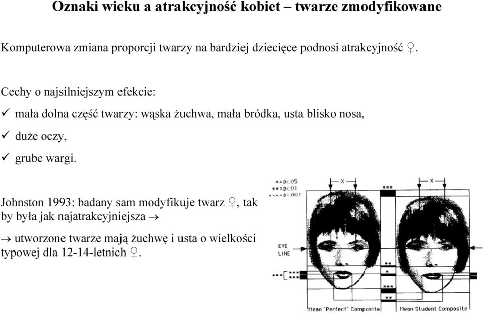 Cechy o najsilniejszym efekcie: mała dolna część twarzy: wąska żuchwa, mała bródka, usta blisko nosa,