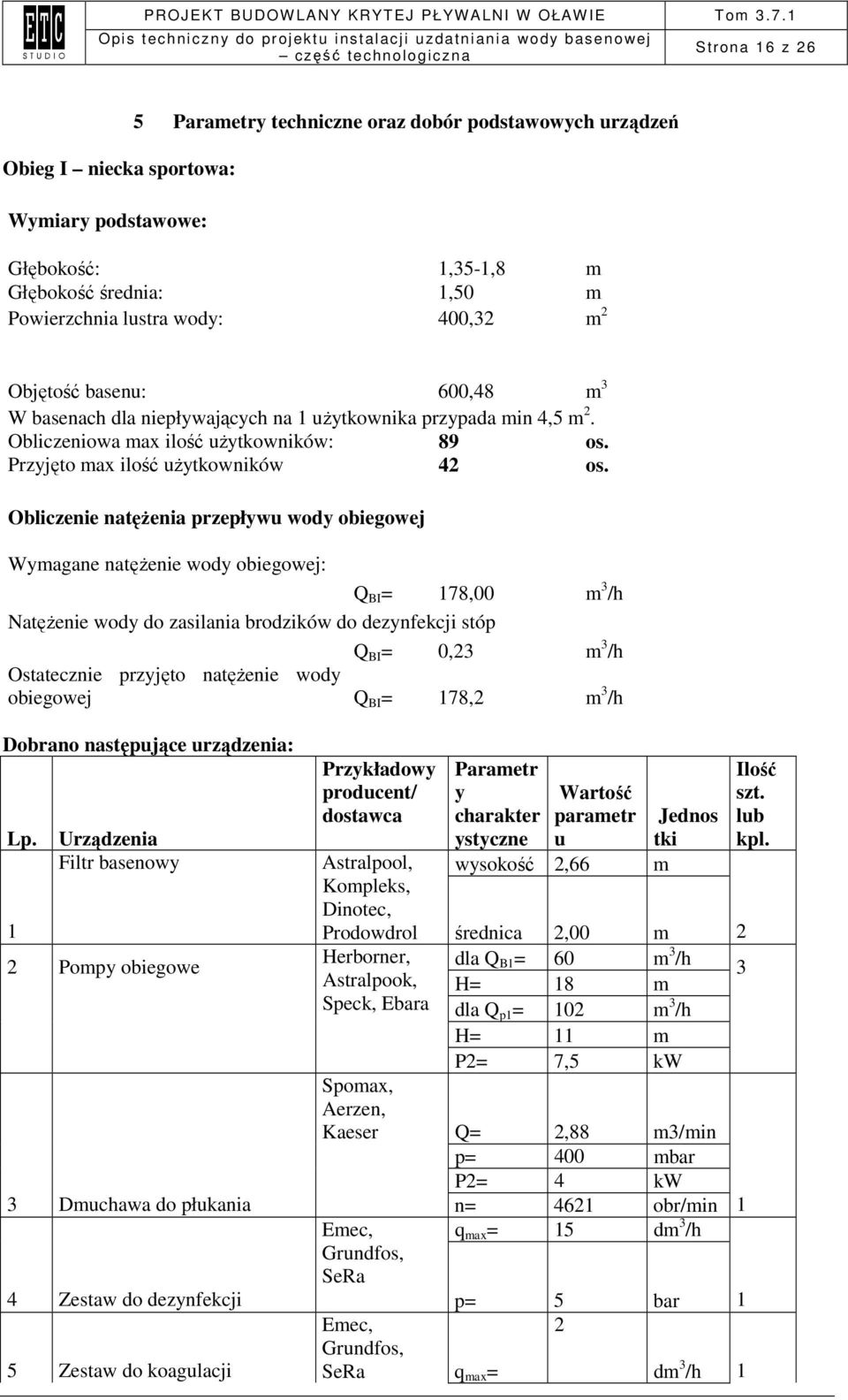 Obliczenie natęŝenia przepływu wody obiegowej Wymagane natęŝenie wody obiegowej: Q BI = 178,00 m 3 /h NatęŜenie wody do zasilania brodzików do dezynfekcji stóp Q BI = 0,23 m 3 /h Ostatecznie przyjęto