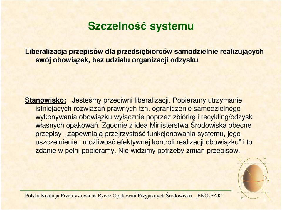 ograniczenie samodzielnego wykonywania obowiązku wyłącznie poprzez zbiórkę i recykling/odzysk własnych opakowań.