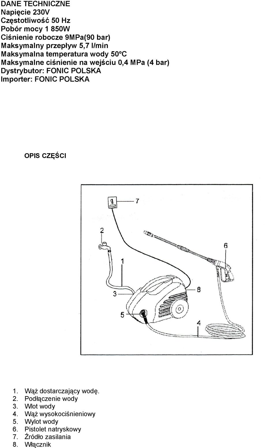 bar) Dystrybutor: FONIC POLSKA Importer: FONIC POLSKA OPIS CZĘŚCI 1. Wąż dostarczający wodę. 2.