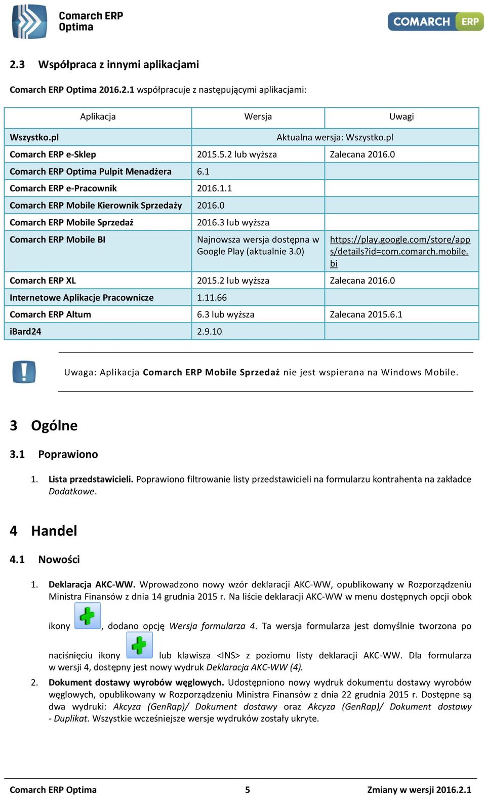 0 Comarch ERP Mobile Sprzedaż Comarch ERP Mobile BI 2016.3 lub wyższa Najnowsza wersja dostępna w Google Play (aktualnie 3.0) Comarch ERP XL 2015.2 lub wyższa Zalecana 2016.