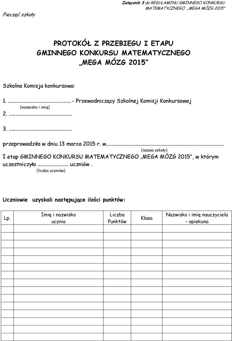 ... przeprowadziła w dniu 13 marca 2015 r. w... (nazwa szkoły) I etap GMINNEGO KONKURSU MATEMATYCZNEGO MEGA MÓZG 2015, w którym uczestniczyło.