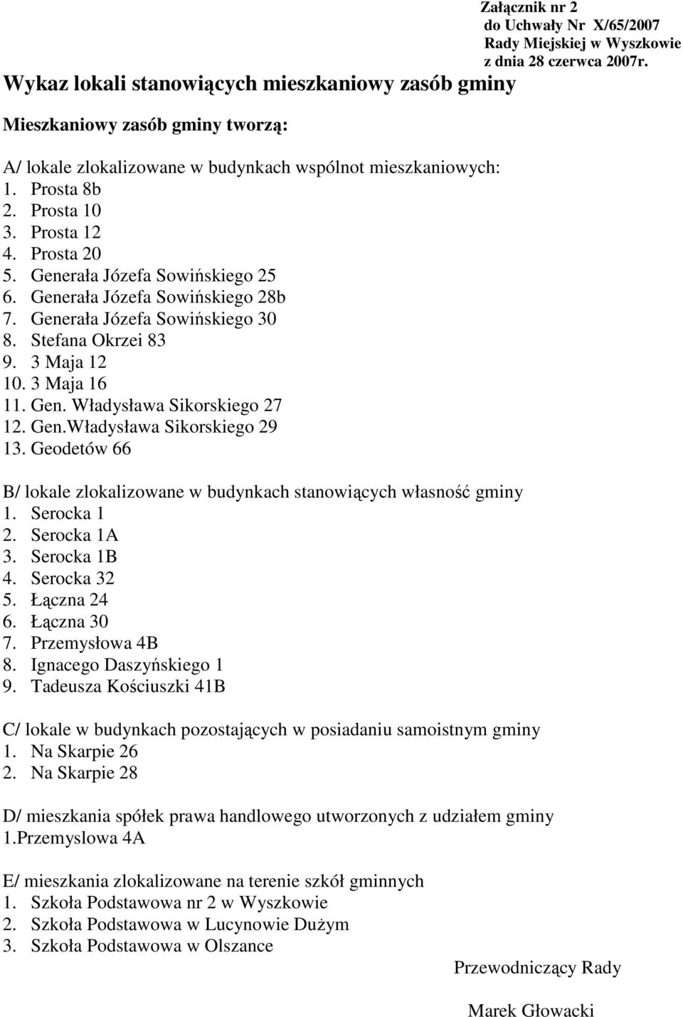 Generała Józefa Sowińskiego 25 6. Generała Józefa Sowińskiego 28b 7. Generała Józefa Sowińskiego 30 8. Stefana Okrzei 83 9. 3 Maja 12 10. 3 Maja 16 11. Gen. Władysława Sikorskiego 27 12. Gen.Władysława Sikorskiego 29 13.