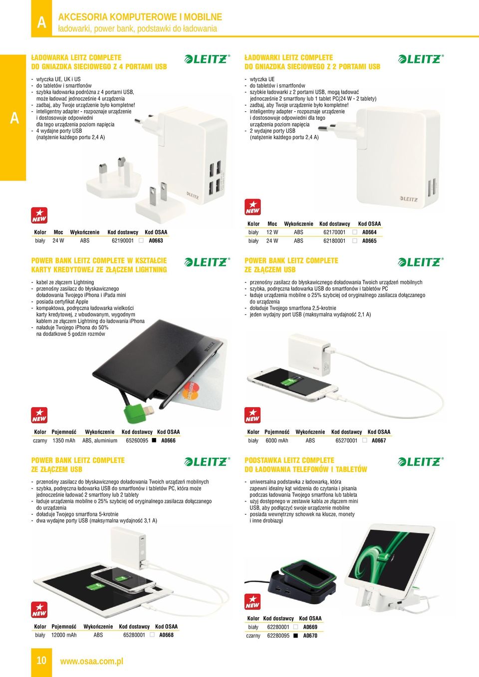 - inteligentny adapter - rozpoznaje urządzenie i dostosowuje odpowiedni dla tego urządzenia poziom napięcia - 4 wydajne porty USB (natężenie każdego portu 2,4 ) ŁDOWRKI LEITZ COMPLETE DO GNIZDK