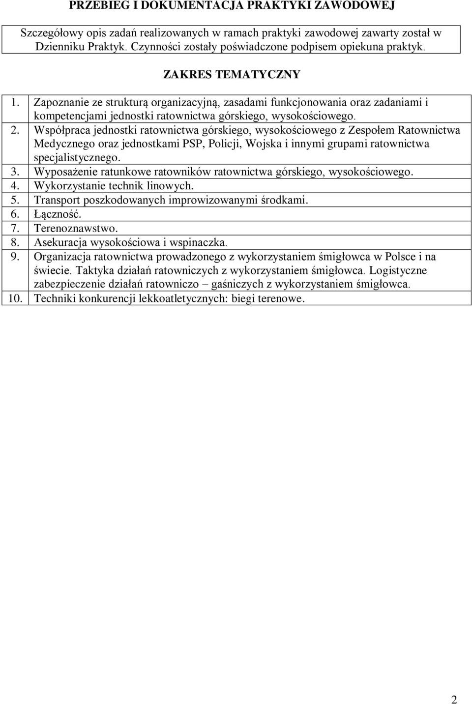 Zapoznanie ze strukturą organizacyjną, zasadami funkcjonowania oraz zadaniami i kompetencjami jednostki ratownictwa górskiego, wysokościowego. 2.