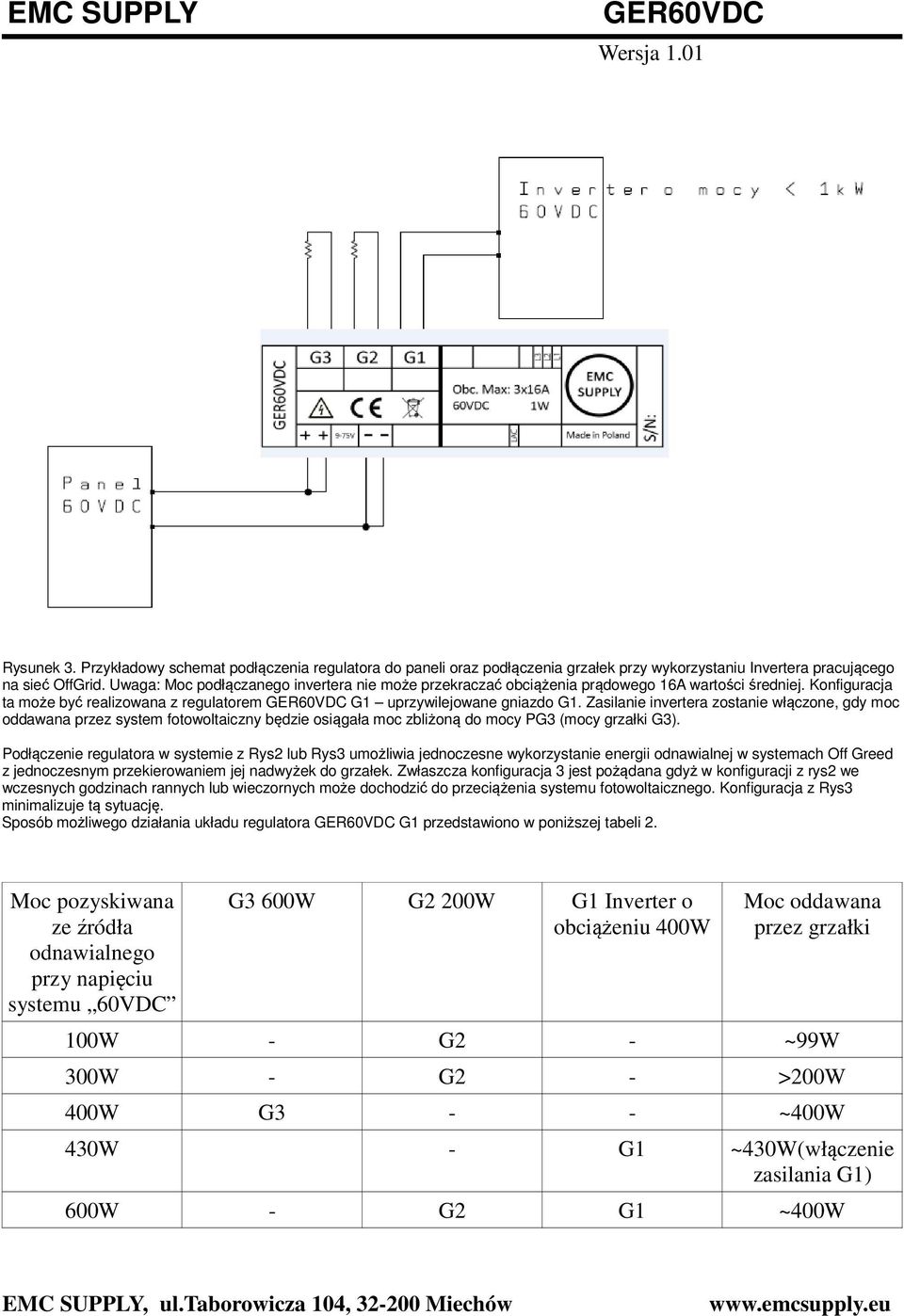 Zasilanie invertera zostanie włączone, gdy moc oddawana przez system fotowoltaiczny będzie osiągała moc zbliżoną do mocy PG3 (mocy grzałki G3).