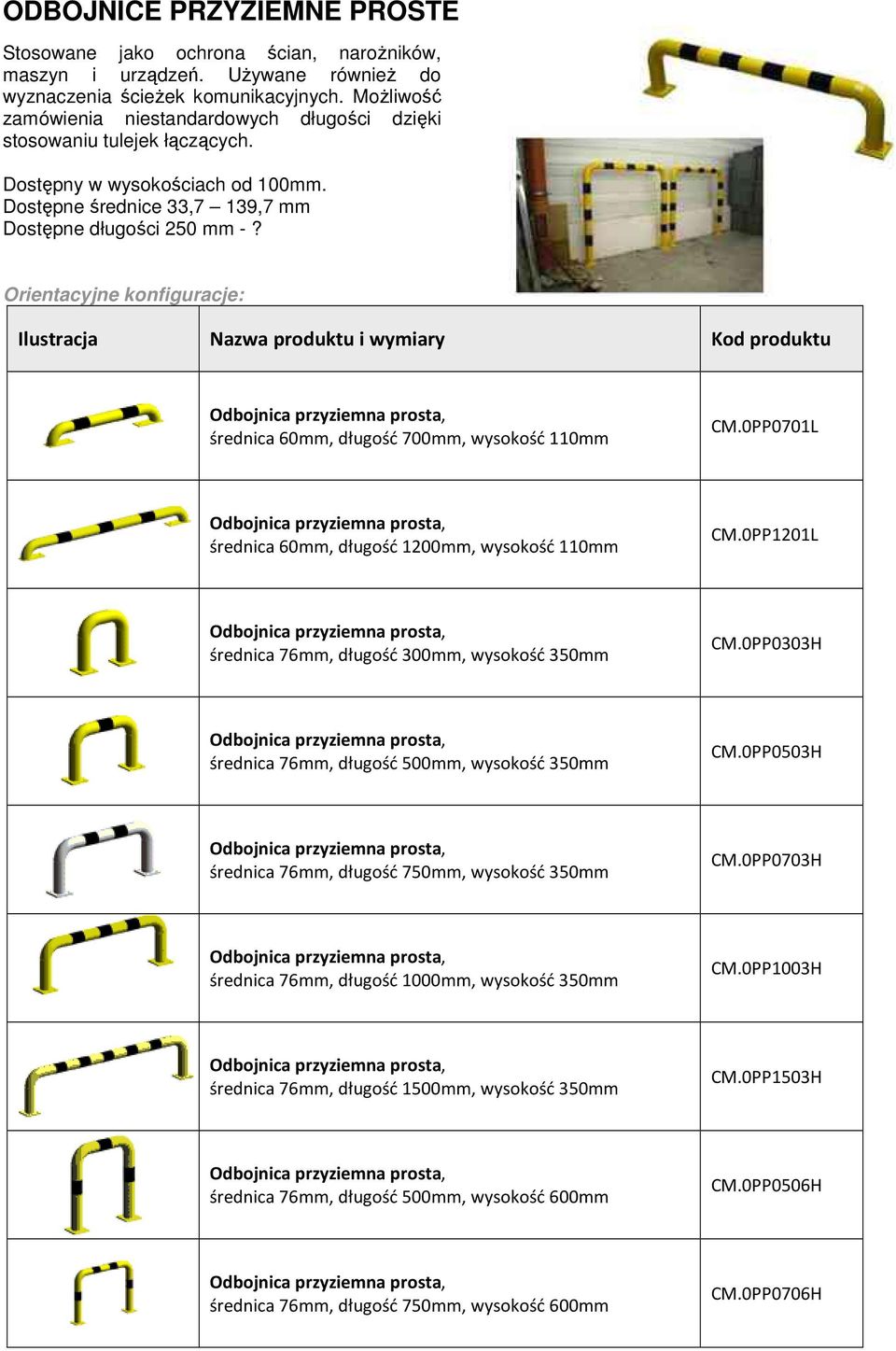 średnica 60mm, długość 700mm, wysokość 110mm CM.0PP0701L średnica 60mm, długość 1200mm, wysokość 110mm CM.0PP1201L średnica 76mm, długość 300mm, wysokość 350mm CM.