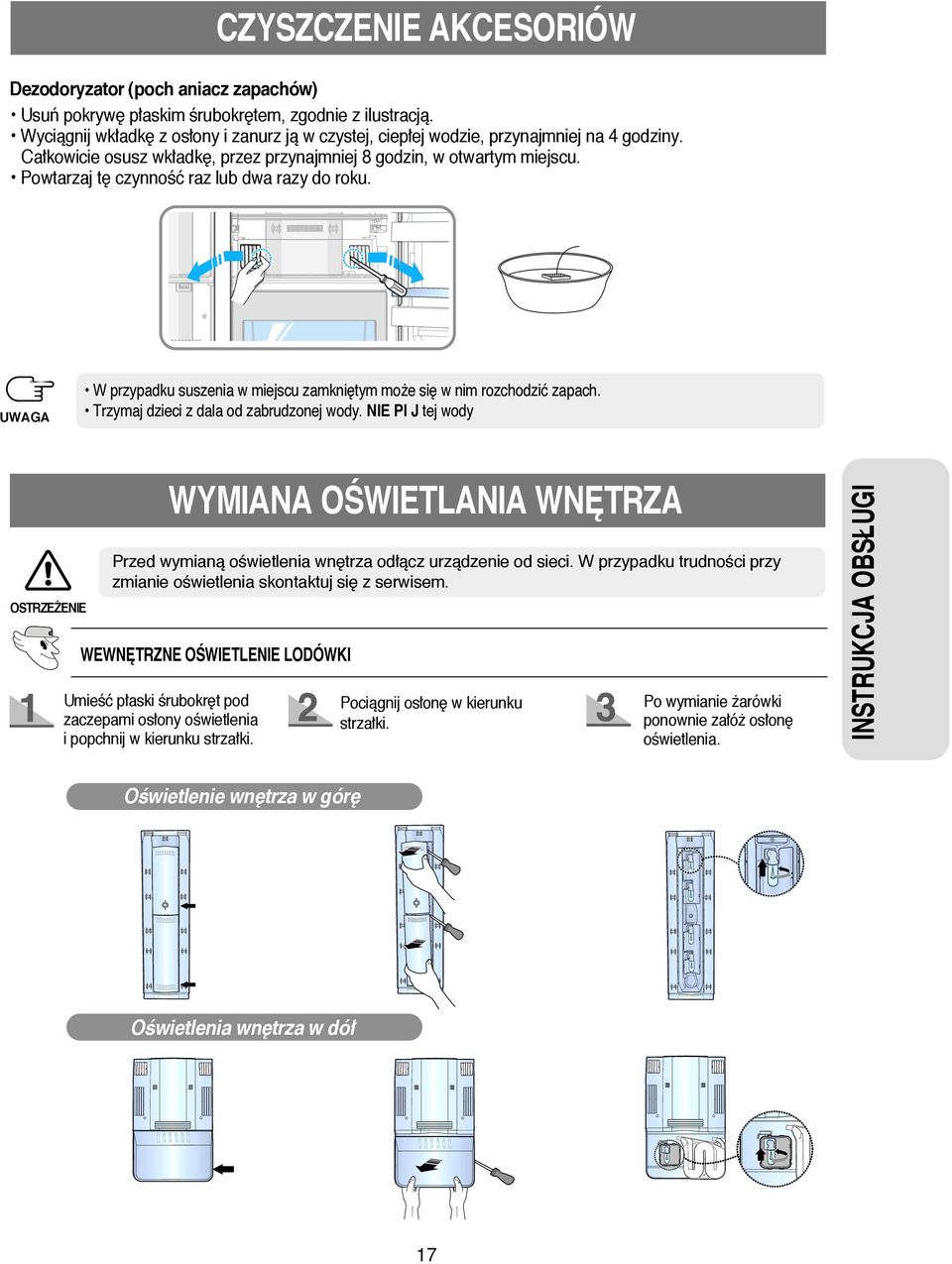 Powtarzaj t czynnoêć raz lub dwa razy do roku. W przypadku suszenia w miejscu zamkni tym mo e si w nim rozchodzić zapach. Trzymaj dzieci z dala od zabrudzonej wody.