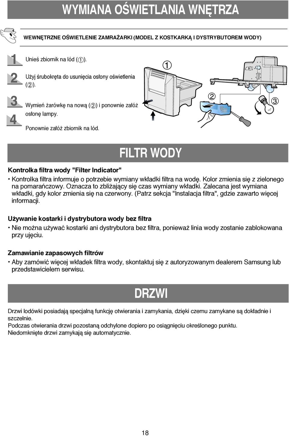 FILTR WODY Kontrolka filtra wody "Filter Indicator" Kontrolka filtra informuje o potrzebie wymiany wkładki filtra na wod. Kolor zmienia si z zielonego na pomaraƒczowy.