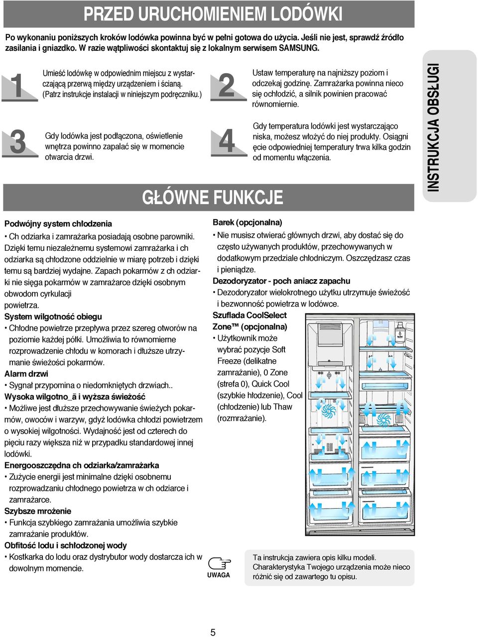 (Patrz instrukcje instalacji w niniejszym podr czniku.) Gdy lodówka jest podłàczona, oêwietlenie wn trza powinno zapalać si w momencie otwarcia drzwi.