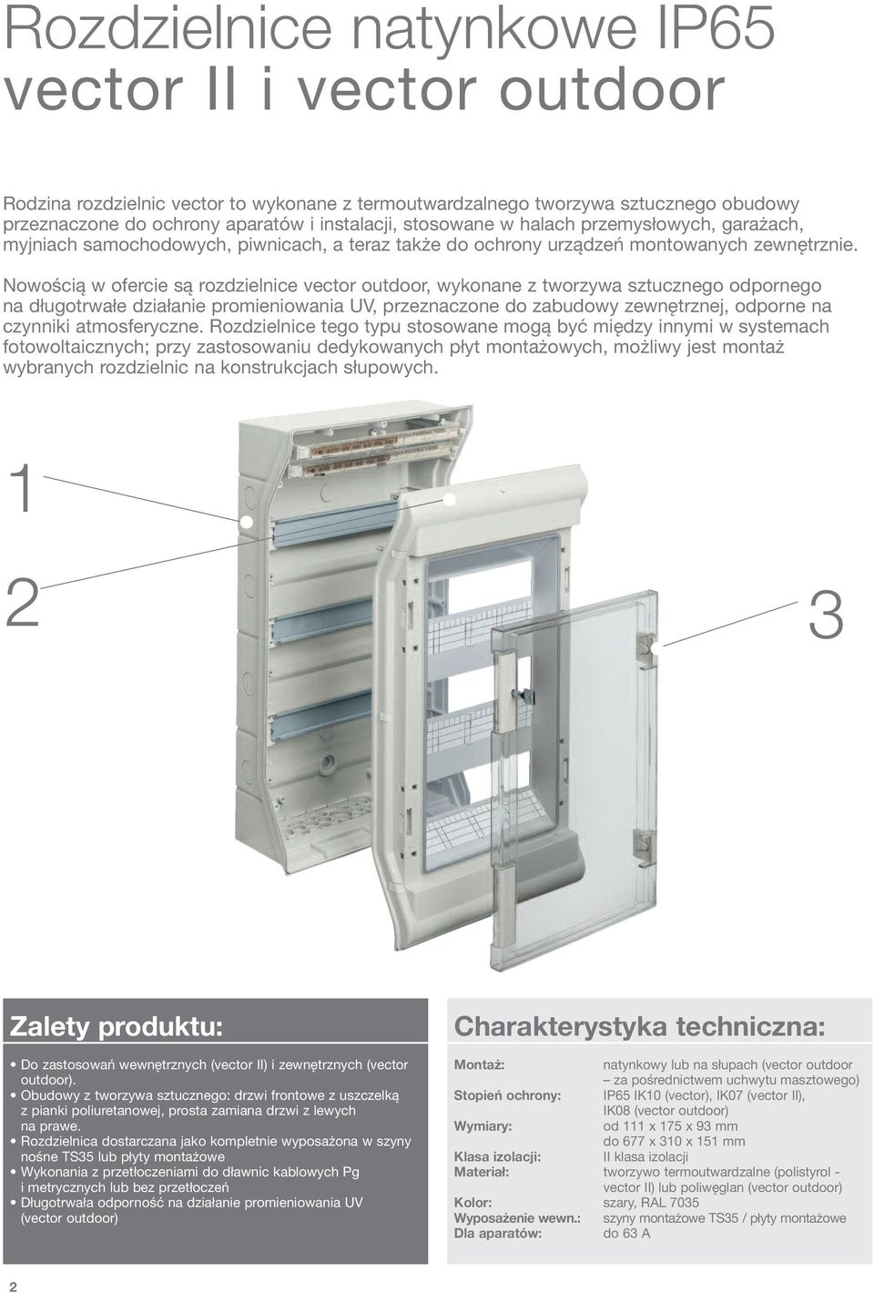 Nowością w ofercie są rozdzielnice vector outdoor, wykonane z tworzywa sztucznego odpornego na długotrwałe działanie promieniowania UV, przeznaczone do zabudowy zewnętrznej, odporne na czynniki