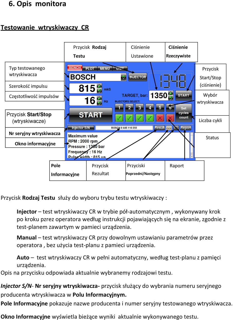 Przycisk Rodzaj Testu służy do wyboru trybu testu wtryskiwaczy : Injector test wtryskiwaczy CR w trybie pół-automatycznym, wykonywany krok po kroku pzrez operatora według instrukcji pojawiających się