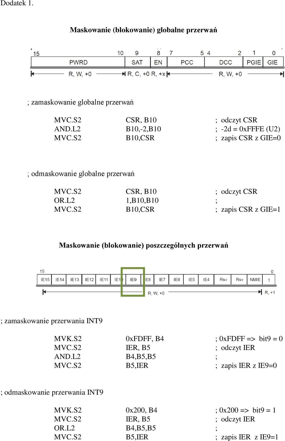 S2 B10,CSR ; zapis CSR z GIE=1 Maskowanie (blokowanie) poszczególnych przerwań ; zamaskowanie przerwania INT9 MVK.S2 0xFDFF, B4 ; 0xFDFF => bit9 = 0 MVC.