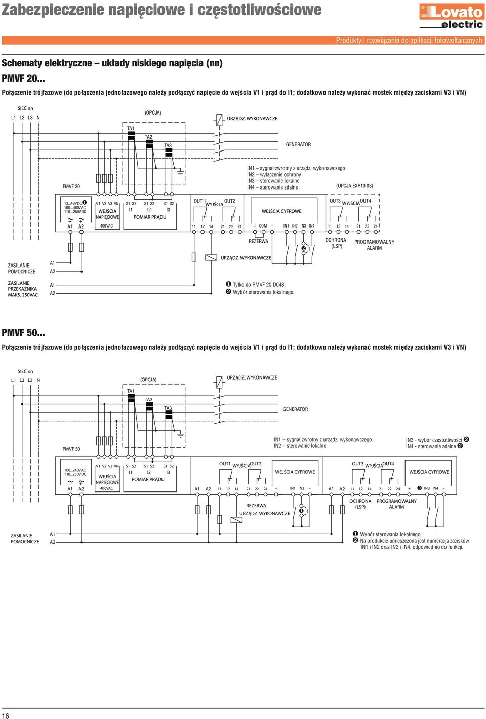 GENERATOR PMVF 20 IN1 sygnał zwrotny z urządz. wykonawczego IN2 wyłączenie ochrony IN3 sterowanie lokalne IN4 sterowanie zdalne (OPCJA EXP10 03) 100...400VAC 110.