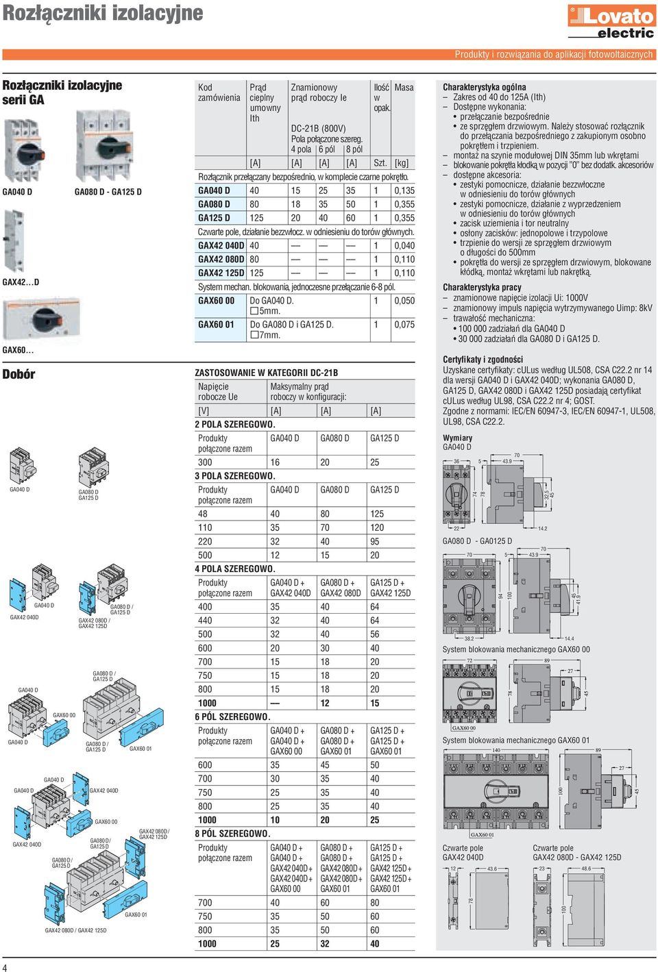 D GA080 D / GA125 D GAX42 040D GAX60 00 GA080 D / GA125 D GAX42 080D / GAX42 125D GAX60 01 GAX60 01 GAX42 080D / GAX42 125D Kod Prąd Znamionowy Ilość Masa zamówienia cieplny prąd roboczy Ie w umowny